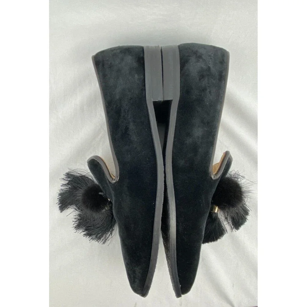JON JOSEF Blair Loafers Women 6M Black Velvet Rabbit Fur Pom Spain Blair Waldorf